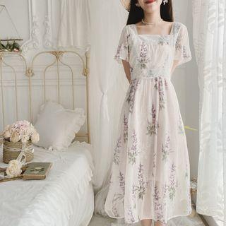 Short-sleeve Embroidered Chiffon Midi A-line Dress