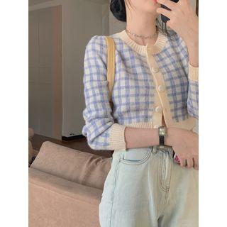 Long-sleeve Plaid Knit Cropped Cardigan
