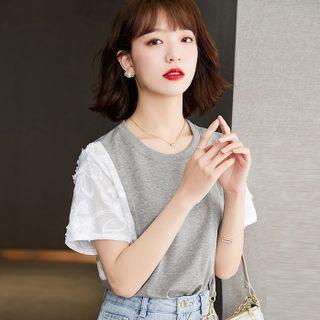 Short-sleeve Lace Panel Plain T-shirt