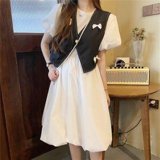 Plain Puff-sleeve Midi Dress/ Bow-detail Vest