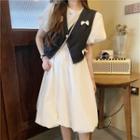 Plain Puff-sleeve Midi Dress/ Bow-detail Vest