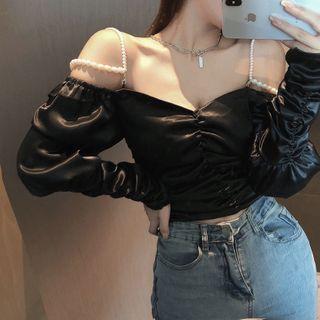 Faux Pearl Cold-shoulder Shirred Blouse