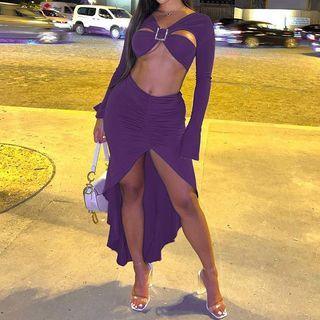 Set: Long-sleeve Cut-out Crop Top + Asymmetrical Pencil Skirt