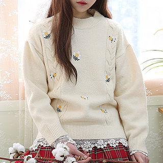 Floral-embroidered Cable-knit Sweater