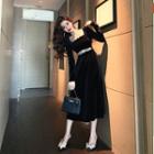 Long-sleeve Rhinestone Embellished Scalloped Midi A-line Dress