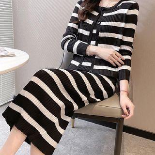 Set: Sleeveless Striped Midi Sheath Dress + Long Sleeve Striped Cardigan