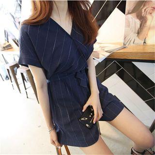 Striped Tie-waist Short-sleeve Playsuit