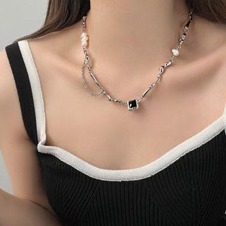 Freshwater Pearl Rhinestone Alloy Choker 1 Pc - Black - One Size