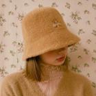 Letter-embroidered Furry Bucket Hat Beige - One Size