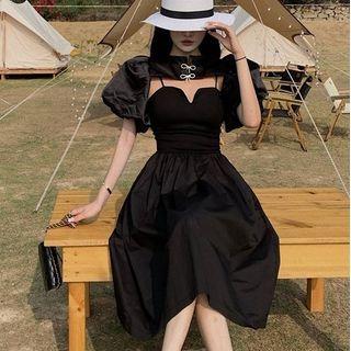 Puff-sleeve Bow Detail Crop Top / Spaghetti Strap Midi A-line Dress