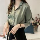 Buttoned Long Sleeve V-neck Blouse