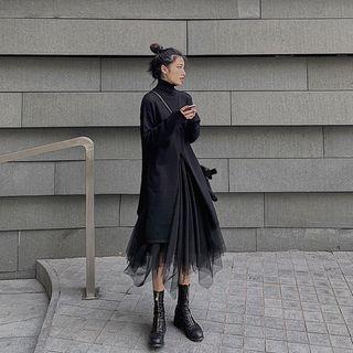 Turtle-neck Sweater / Midi A-line Mesh Skirt / Set