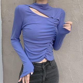 Asymmetric Cutout Shirred Front Mock Neck Top