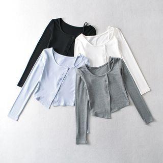 Long-sleeve Asymmetrical Button-up Cropped T-shirt