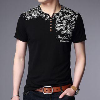 Floral Print Short Sleeve Henley T-shirt