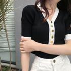 Color-block V-neck Short-sleeve Slim-fit Knit Top