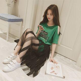 Set: Elbow-sleeve Cold-shoulder Lettering T-shirt Dress + Mesh Midi Dress