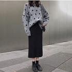 Dotted Sweater / Straight-fit Midi Knit Skirt / Set