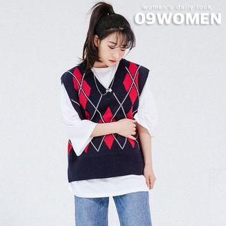 Plus Size Boxy Argyle Knit Vest