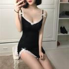 Spaghetti Strap Lace Trim Mini Bodycon Dress Black - One Size
