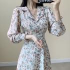 Floral V-neck Slim-fit High-waist A-line Chiffon Long-sleeve Dress