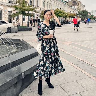 Ruffled Gathered Long Floral Dress