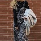 Plain Cardigan / Leopard Long-sleeve Midi Dress / Mock-neck Top