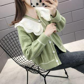 Eyelet Lace Collar Contrast Trim Cardigan