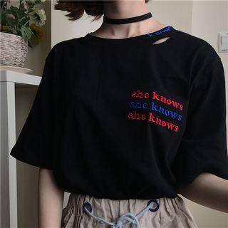 Lettering Embroidered Ripped Elbow-sleeve T-shirt