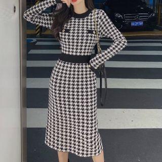 Long-sleeve Houndstooth Sweater Dress