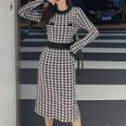 Long-sleeve Houndstooth Sweater Dress