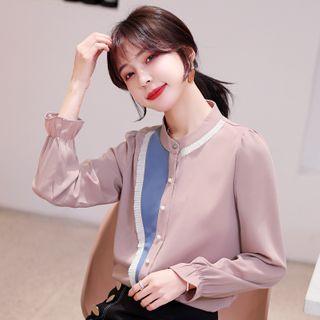 Color Panel Mandarin Collar Shirt