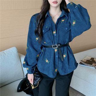 Puff-sleeve Embroidered Corduroy Shirt