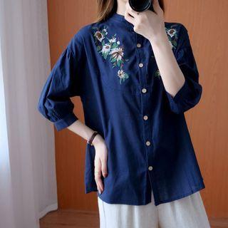 Embroidered Stand-collar Semi Sleeve Shirt