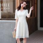 Elbow-sleeve Feathered A-line Dress