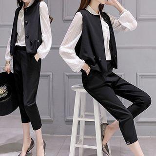 Set: Bow Accent Long Sleeve Blouse + Vest + Cropped Pants