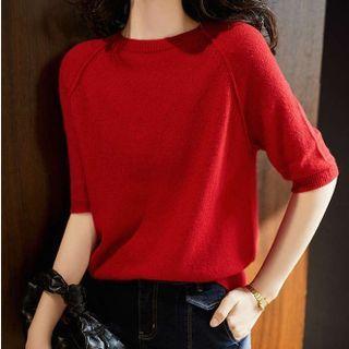 Short-sleeve Plain Knit Top Red - One Size