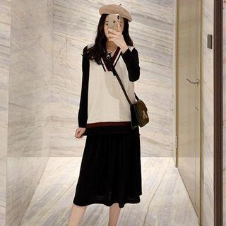 Color-block Knit Vest / Plain Long-sleeve Loose-fit Dress