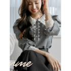 Puff-sleeve Lace-trim Gingham Blouse Black - One Size