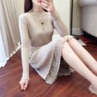 Long-sleeve Rib-knit Lace Hem Midi Dress