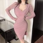 Long-sleeve V-neck Plain Mesh Slim-fit Dress