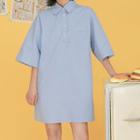 Elbow-sleeve Plain Polo Dress Blue - One Size