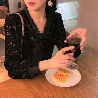 Lace Blouse Velvet - Black - One Size