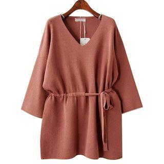 3/4-sleeve V-neck Drawstring Waist Sweater