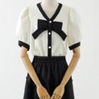 Short-sleeve Bow Accent Blouse / A-line Skirt