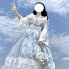 Set: Bell-sleeve Blouse + Bow Ruffled Midi Overall Dress Blouse - White - One Size / Dress - Blue - One Size