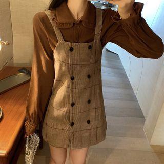 Set: Ruffle Trim Blouse + Plaid Mini Sheath Pinafore Dress