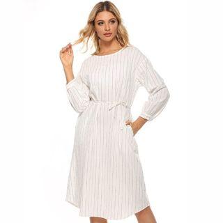 Long Sleeve Striped Pocketed Tie-waist Dress