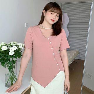Short-sleeve V-neck Irregular Button Knit Top