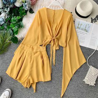 Set: Tie-front Chiffon Cardigan + Wide-leg Shorts